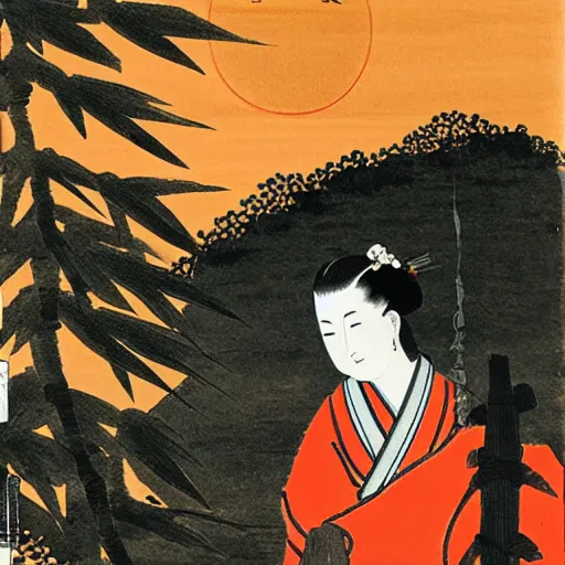 Image similar to japanese ink painting of a japanese woman holding a koi fish in her hands, with bamboo trees, a mountain and a deep red sun in the background