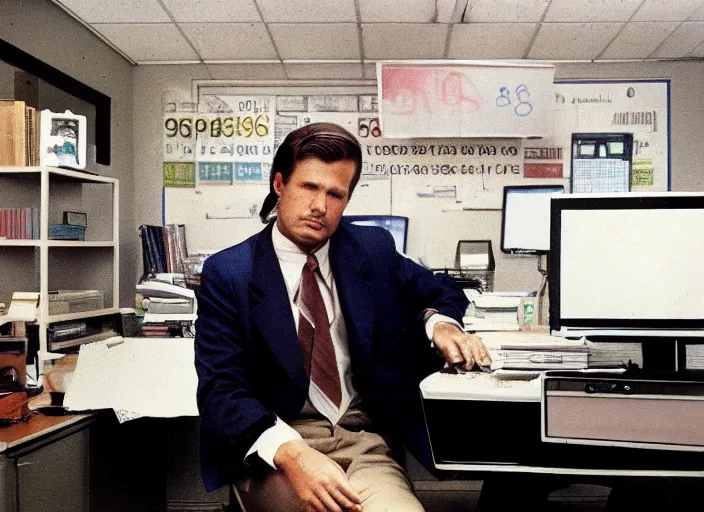 Prompt: color photo. stock market. handsome photomodel sitting by his 8 0's computer in the 8 0's smoking a cigarette