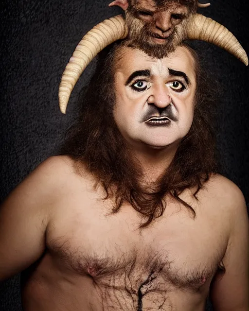 Prompt: actor John Belushi in Elaborate Pan Satyr Goat Man Makeup and prosthetics designed by Rick Baker, Hyperreal, Head Shots Photographed in the Style of Annie Leibovitz, Studio Lighting