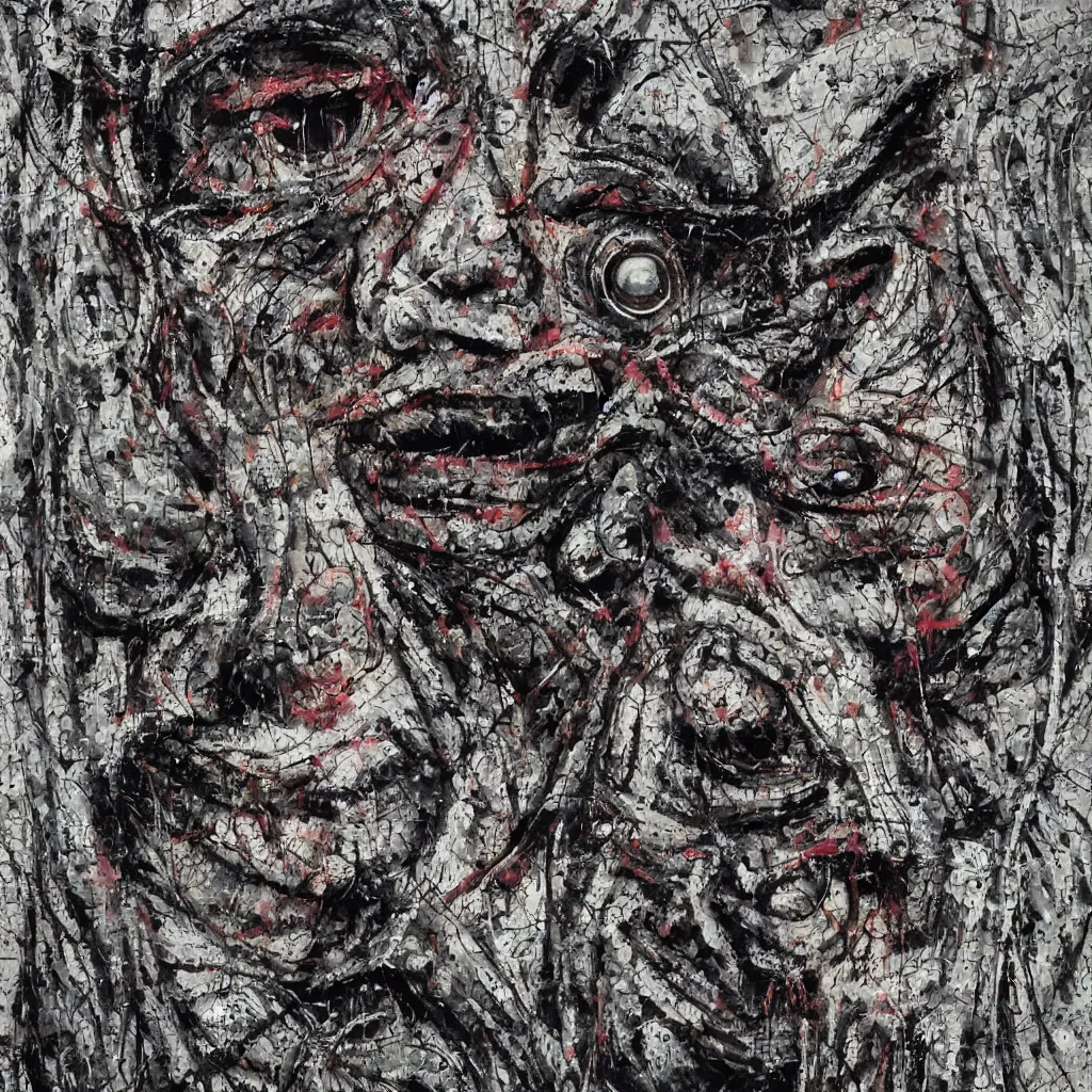 Image similar to camo made of eyes, technical, acrylic, teeth, eerie, tribal, clay, dotting, lines, stipple, points, cybernetic, style of old painting, francis bacon art, rei kawakubo art, hypnosis, eerie, terror, oil, neon, black and white background, splotches, colorful dots, ominous, terror, teeth, smiles