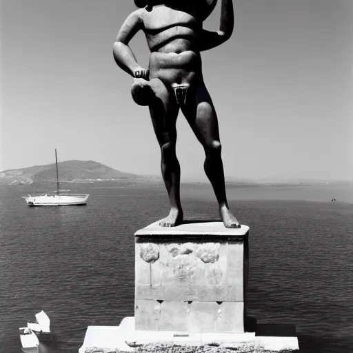 Image similar to the colossus of rhodes statue standing above the greek harbor with boats going through its legs black and white dali picture front view