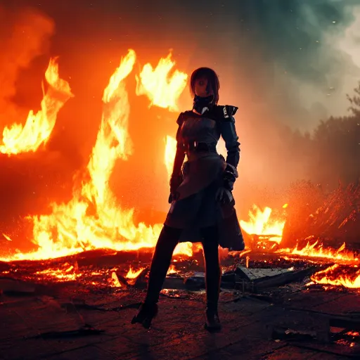 Prompt: beautiful android girl in full battle gear in a destroyed city, surrounded by fire, ground fog, moody lighting, 8 k, shallow depth of field, cinematic lighting,