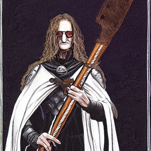 Prompt: HD character illustration high detail by Michael Whelan of %Geddy Lee% as a medieval warlock-knight.