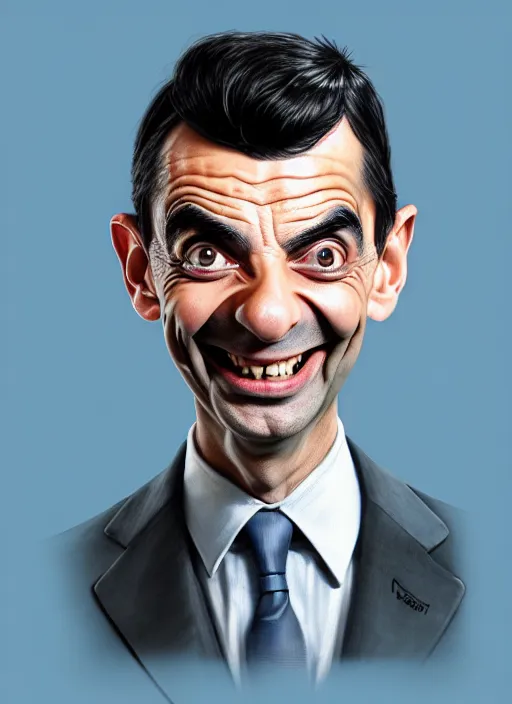 Prompt: highly detailed pencil sketch caricature portrait of smiling mr bean waiter by ross tran, by greg rutkowski, brush strokes, 4 k resolution, light blue pastel background