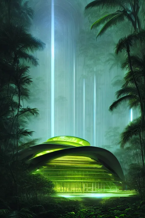 Prompt: a stormy tropical forest with green lightning bugs flying around a ancient futuristic temple designed by zaha hadid, tone mapped, shiny, intricate, cinematic lighting, highly detailed, digital painting, artstation, concept art, smooth, sharp focus, illustration, art by arthur haas and bruce pennington and john schoenherr