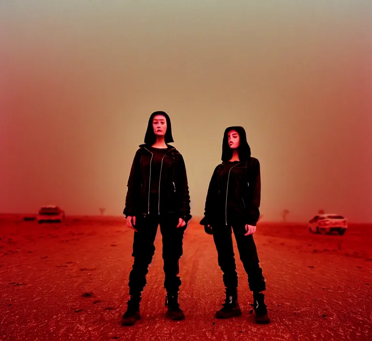 Prompt: cinestill 5 0 d 3 5 mm photographic portrait of two loving female androids wearing rugged black techwear on a desolate plain with a red sky, lizard on ground, cyberpunk style, a brutalist dark metal facility in background, dust storm, 8 k, high resolution, f / 3. 2, ultra realistic faces