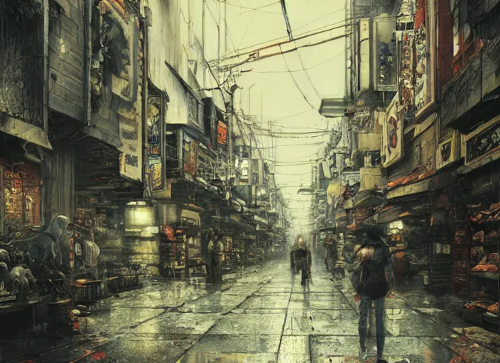 Prompt: street in osaka, jpeg artefacts on canvas, by seb mckinnon and james gurney and greg rutkowski, highly detailed, pov