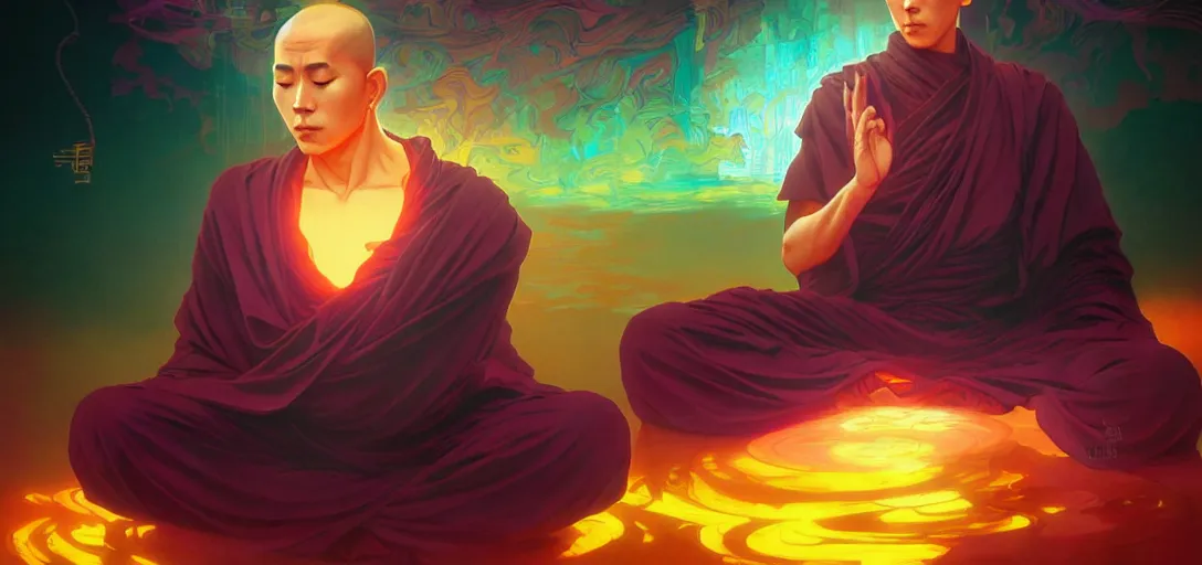 Image similar to a floating monk meditating, channeling swirling energy, wearing cyberpunk clothing, vaporwave aesthetic, colorful, psychedelic, digital painting, artstation, concept art, smooth, sharp focus, illustration, art by artgerm and greg rutkowski and alphonse mucha