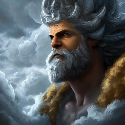 Prompt: an epic digital art of Zeus in thunderclouds by Diego Gisbert Llorens, Zeus, lightnings around, epic painting, masterpiece, hyperdetailed, artstation, cgsociety, 8k