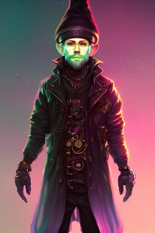 Image similar to beautiful full body portrait of a male cyberpunk gnome black, wearing a fancy velvet tunic, by wlop and artgerm, steampunk! fiction, detailed deep black eyes, starry background, trending, on artstation.