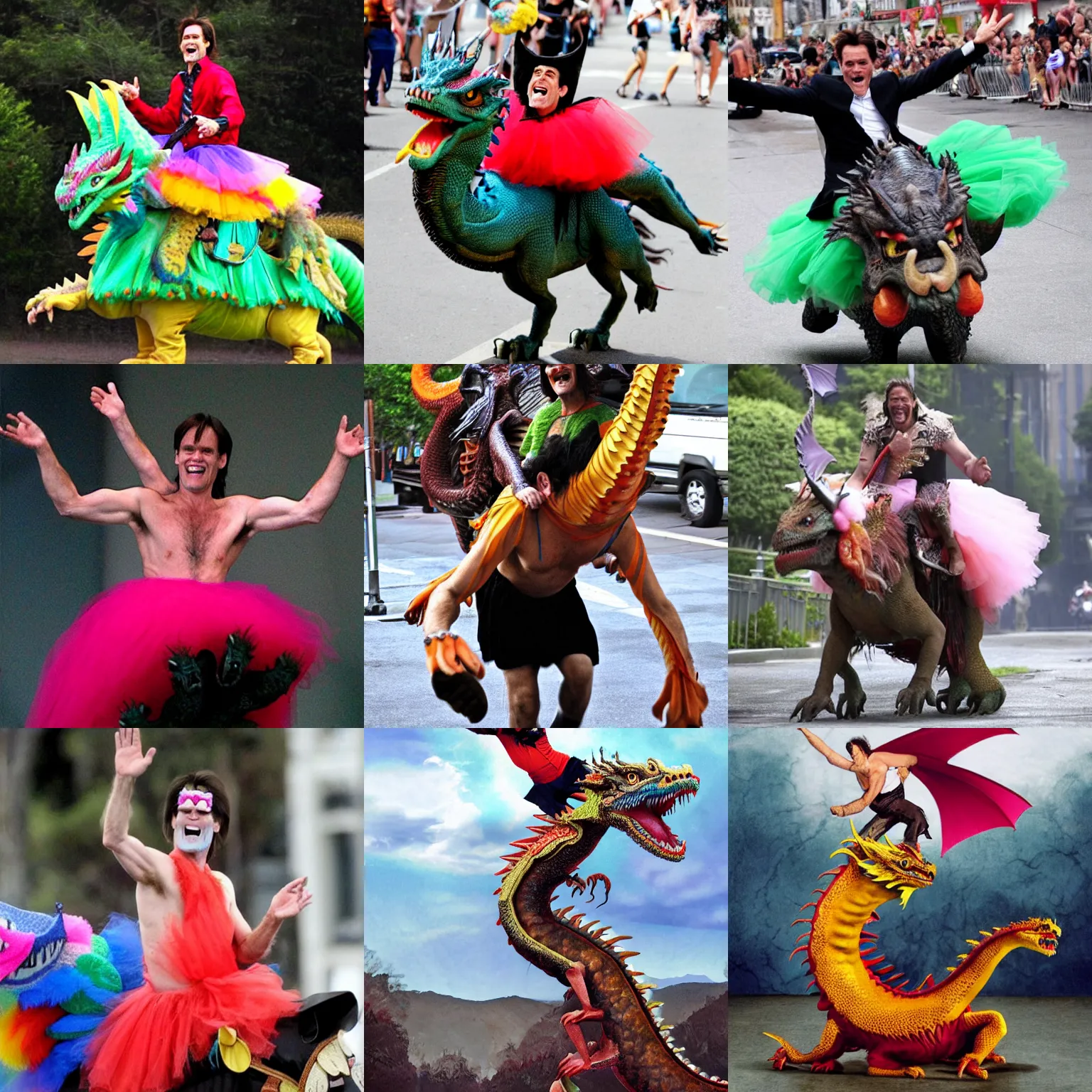 Prompt: jim carrey in a tutu, riding a dragon