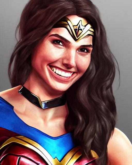 Image similar to cu portrait photo of a smiling gal gadot playfully sticking out her tongue while dressed as wonder woman, photorealistic, trending on artstation