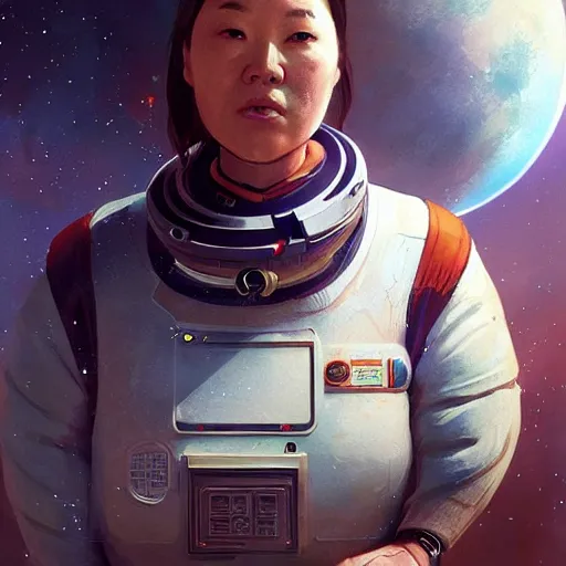 Image similar to a space colonist from china, female, chubby, brilliant and uptight, sci fi character portrait by Greg Rutkowski, Craig Mullins