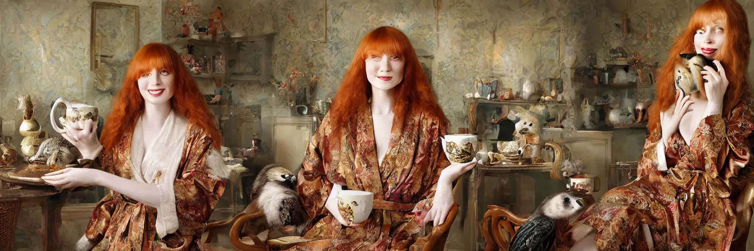 Image similar to a stunning hyper-detailed photorealistic painting of a slender beautiful smiling woman with long ginger hair and bangs, wearing a luxurious silk robe, wearing headphones and posing with her large ginger tabby cat and her raccoon and parrots in an overstuffed easy chair in her sunlit victorian living room, holding a porcelain parrot-shaped coffee mug and a donut, perfect eyes, fashion photography, cinematic lighting, octane render, IBEX Masters, unreal engine, 85 mm lens,