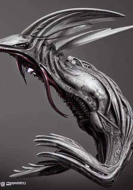 Image similar to a hummingbird - xenomorph, designed by h. r. giger, sci fi, intricate, 8 k octane detailed render, post - processing, extremely hyperdetailed, maya, dark background, sharp focus, blender, cinematic lighting + masterpiece, trending on artstation