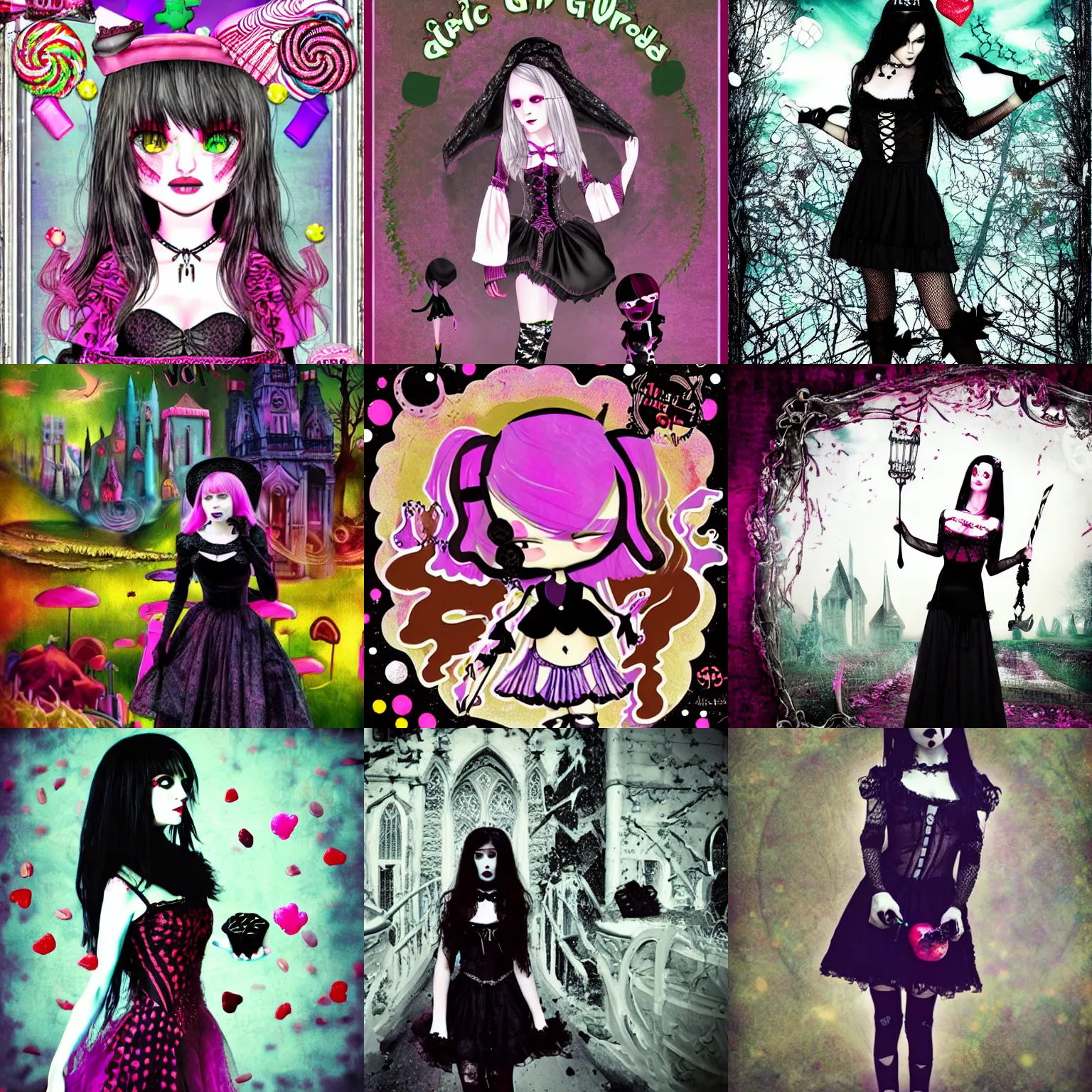 Prompt: a gothic girl in a candy world