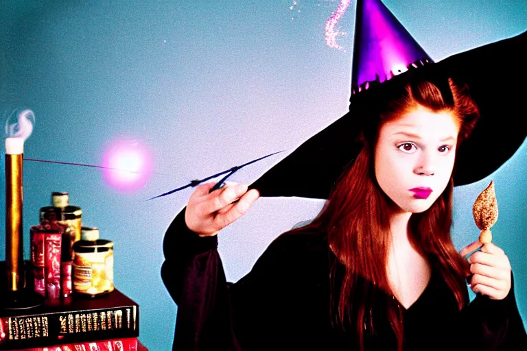 Prompt: extreme close up portrait, dramatic lighting, teen witch calmly pointing a magic wand casting a spell over a large open book on a table with, sparkle, cat on the table in front of her, sage smoke, a witch hat cloak, apothecary shelves in the background 1 9 9 0's photo, ultra sharp, hasselblad