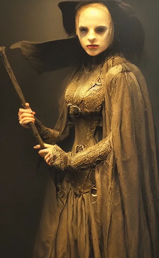 Prompt: Female in witch suit. By Rembrandt and artstation trending