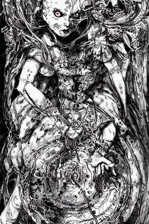 Prompt: Demon Alice in wonderland tarot card , pen and ink, intricate line drawings, by Yoshitaka Amano, Ruan Jia, Kentaro Miura, Artgerm, watercolor