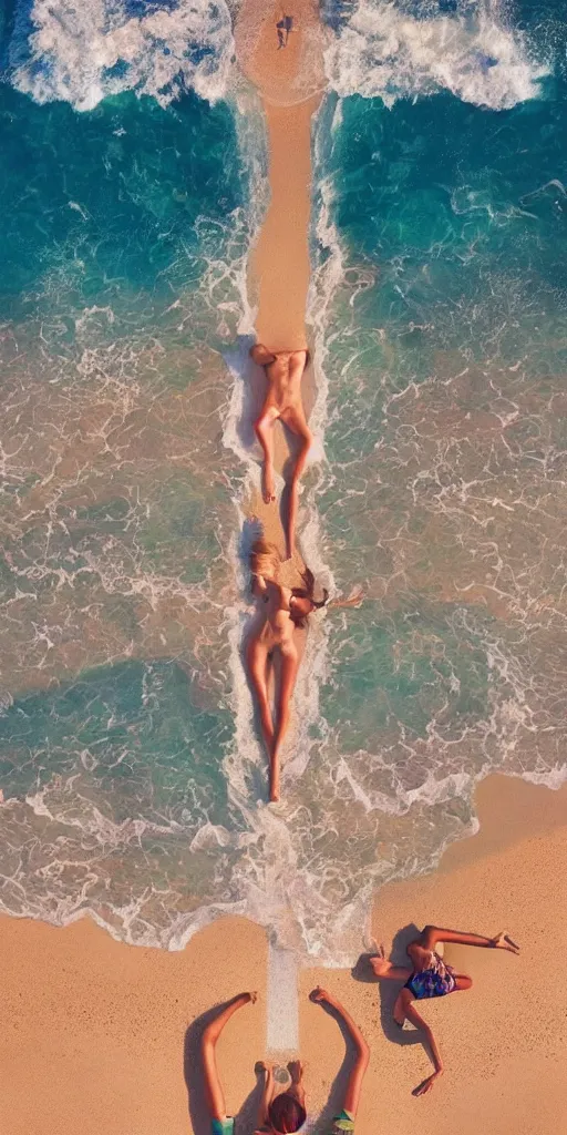 Image similar to symmetry!! summertime on the beach, sea, people, golden hour, perfect lighting, perfect composition, 4 k, artgerm, derek zabrocki, greg rutkowski