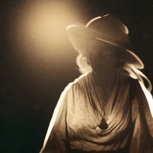 Image similar to photo, a woman wearing a giant wide flowy sheet with a still frame from a vintage western cowboy movie on it, standing inside a dark western rocky scenic landscape, volumetric lighting