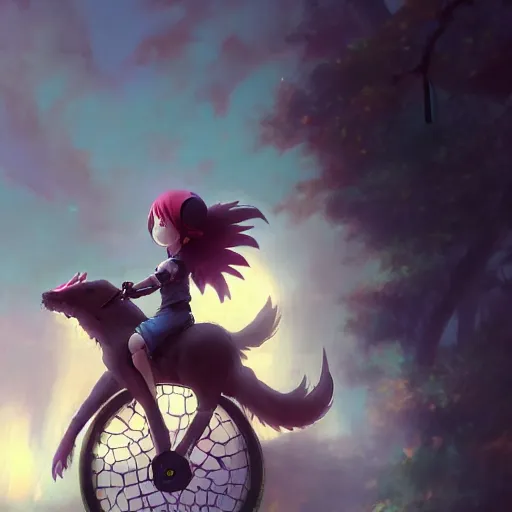 Image similar to a super cute demon riding a unicycle, anime, manga, kawaii, magical world, by greg rutkowski, sung choi, photo realistic, 8 k, cinematic lighting, hd, atmospheric, hyperdetailed, trending on artstation, devainart, digital painting, glow effect