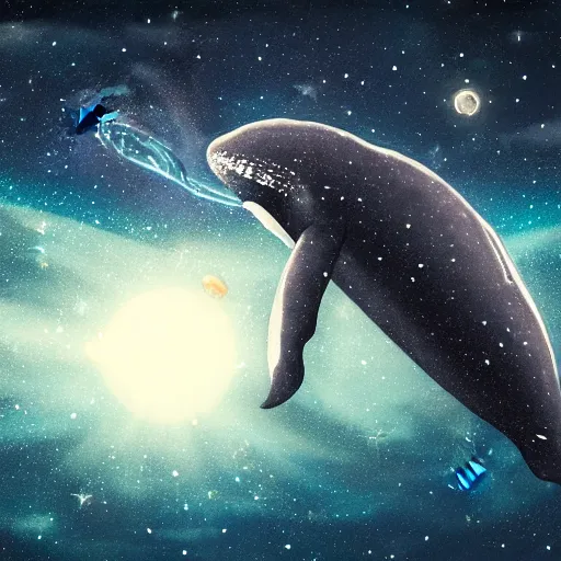 Image similar to portrait of space whale swimming on a dark night sky in space, flying across the universe, oniric, dreamy, beautiful, highly detailed, realistic, cinematic, dynamic composition