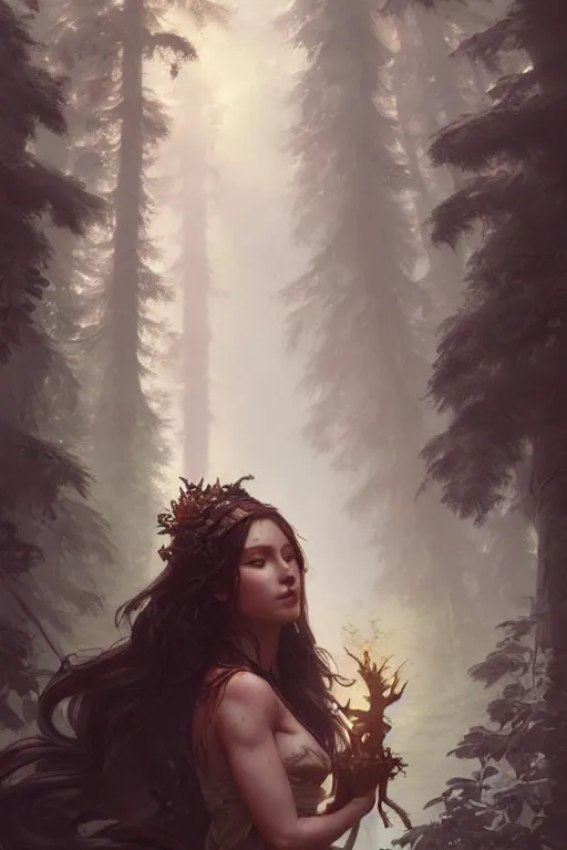 Image similar to goddess of the forest, highly detailed, digital painting, artstation, concept art, smooth, sharp focus, illustration, unreal engine 5, 8 k, art by artgerm and greg rutkowski and edgar maxence