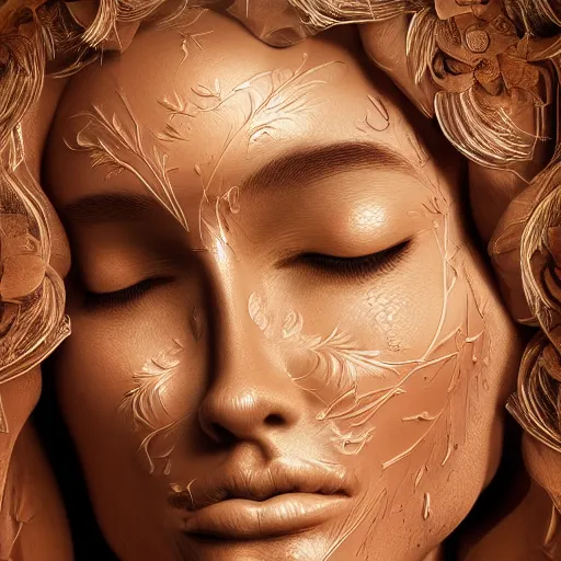 Image similar to beatifull face portrait of a woman, 150 mm, anatomical, flesh, flowers, mandelbrot fractal, facial muscles, veins, arteries, intricate, golden ratio, full frame, microscopic, elegant, highly detailed, ornate, ornament, sculpture, elegant , luxury, beautifully lit, ray trace, unreal, 3d, PBR, in the style of peter Gric , alex grey and Romero Ressendi