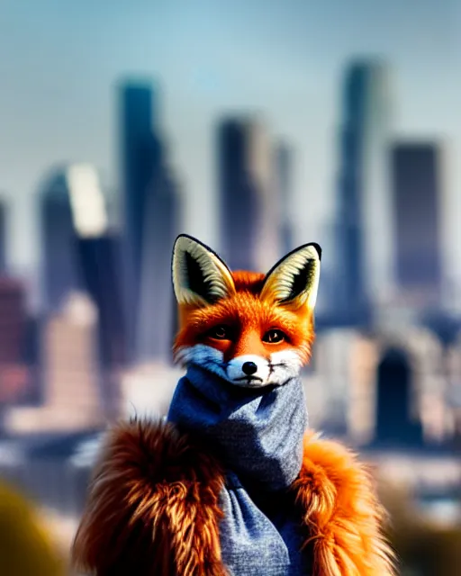 Image similar to photorealistic photo of anthropomorphic female fox animal dressed in jean jacket and scarf, fox animal, los angeles skyline in background, 8 5 mm f / 1. 4,