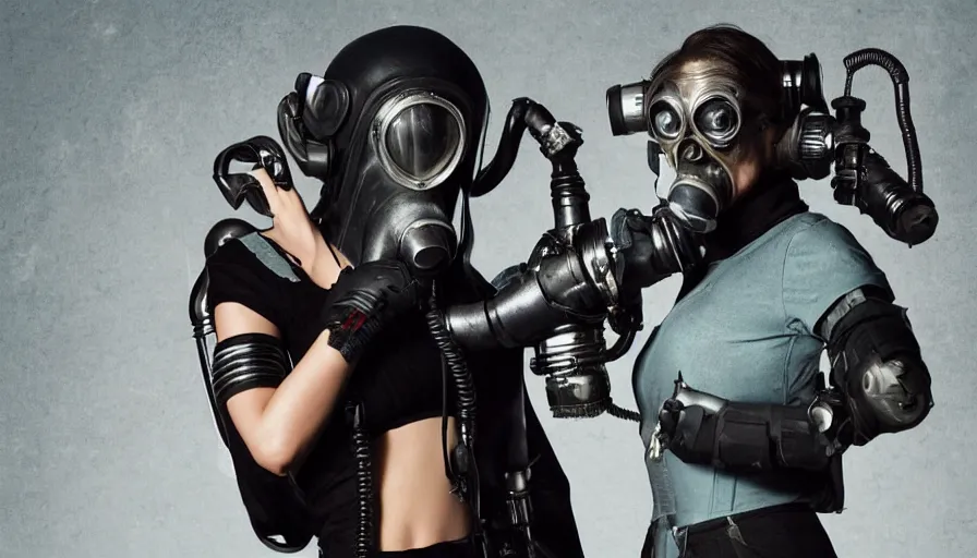 Prompt: big budget tv show where a female cyborg in a gas mask rips off an alien's head