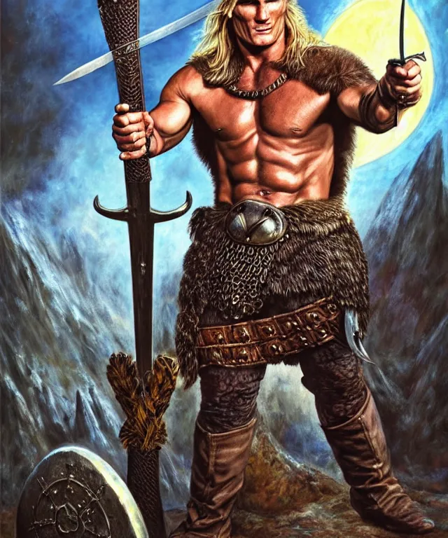 Prompt: a ( fantasy comic ) ( cover art ) portrait of ( dolph lundgren ) as a ( viking warlord ) pointing his sword at the viewer, oil painting by charles moll and don maitz and serhiy krykun and artgerm, photorealistic, d & d, highly detailed!, hd, 4 k, trending on artstation