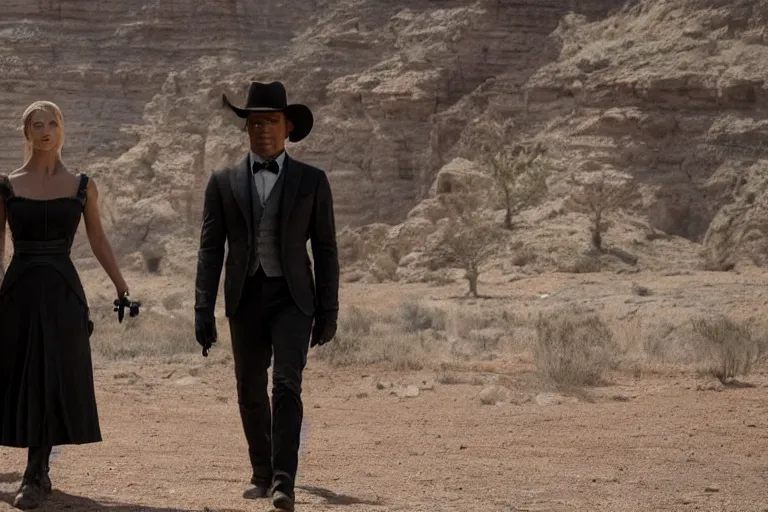 Image similar to a cinematic still from Westworld S3