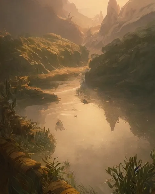 Image similar to ''a very mediocre and not so detailed portrait of a river running through the plains, league of legends, lol, fantasy, d & d, digital painting, artstation, concept art, illustration, art by greg rutkowski and alphonse mucha''