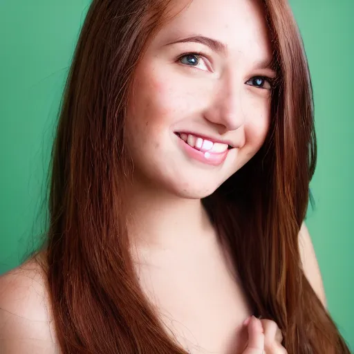 Image similar to Photograph of April, a cute young woman, long shiny bronze brown hair, full round face, green eyes, medium skin tone, light cute freckles, light blush, smiling softly, wearing casual clothing, interior lighting, cozy living room background, medium shot, mid-shot, hyperdetailed, hyperreal,