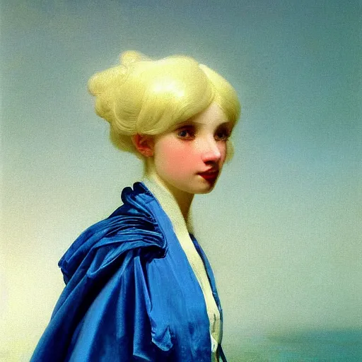 Image similar to young woman's face, her hair is white and she wears a cobalt blue duchesse satin cloak, by ivan aivazovsky and syd mead and moebius and roger dean and aelbert cuyp and willem claesz and pieter claesz and paul delaroche and alma tadema, hyperrealistic, volumetric light, octane