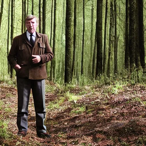 Prompt: John Nettles as DCI Tom Barnaby standing in a sunny forest clearing.