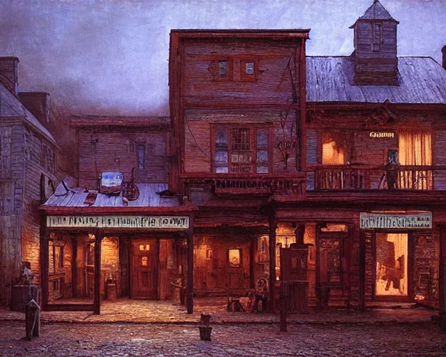 Prompt: from a movie scene, painting of a western saloon exterior in old town, gregory crewdson, beksinski, cinematic