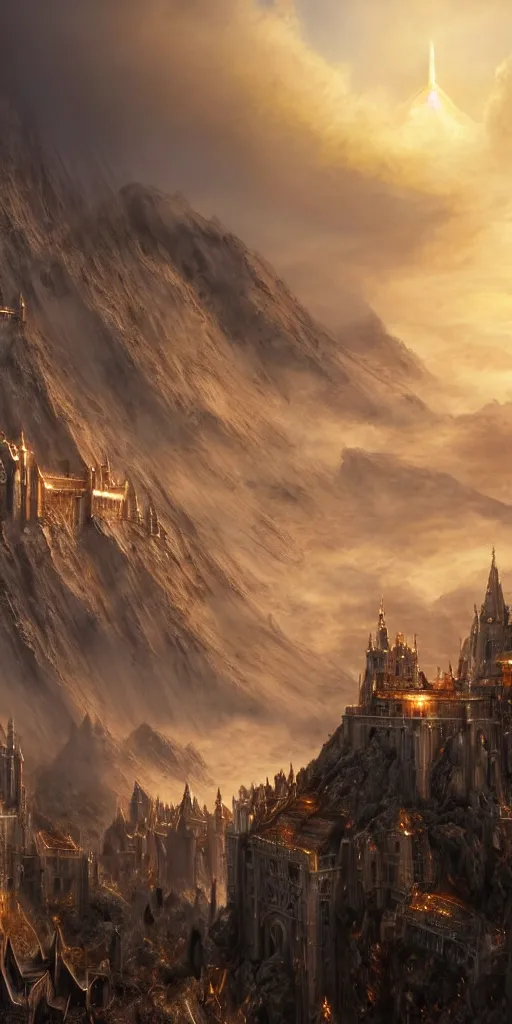 Image similar to beautiful gold fantasy city made from white stone and bright copper built on the side of a volcano, gondor, misty, red sky, medieval city, metropolis, magic, gorgeous clouds, white marble, god rays, digital art, landscape, fantasy art, octane render, ureal engine, high detail, very realistic, by greg rutkowski. by james gurney