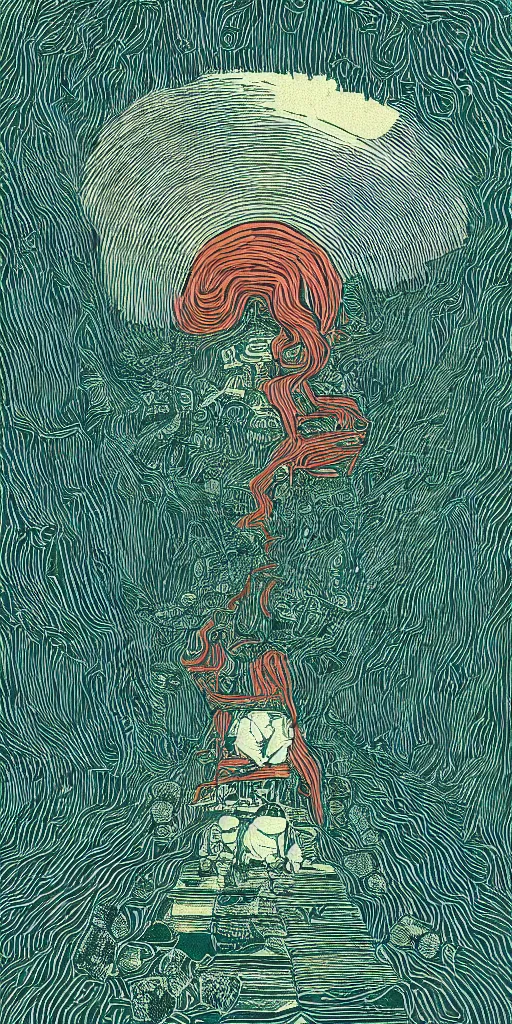 Image similar to eternal sunshine of the spotless mind, film grain, poster, style of 2d retro woodblock, layers of surreal geology, black fine lines on teal , stanley donwood, victo ngai, orthographic Wes Anderson