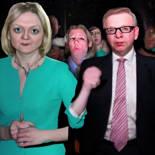 Prompt: hyperrealistic photography of elizabeth truss, conservative MP, lost and confused in a rave with michael gove