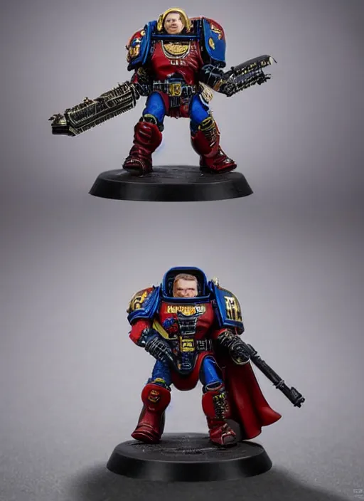 Image similar to 8 0 mm resin detailed miniature of warhammer 4 0 k elon musk space marine, product introduction photos, 4 k, full body,