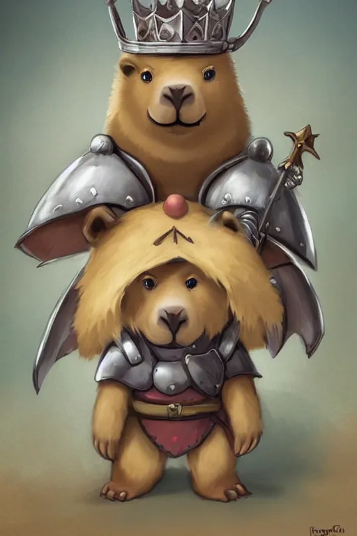 Prompt: cute anthropomorphic Capybara knight wearing a cape and a crown, tiny, small, miniature bear, baby animal, short, pale blue armor, cute and adorable, pretty, beautiful, DnD character art portrait, matte fantasy painting, DeviantArt Artstation, by Jason Felix by Steve Argyle by Tyler Jacobson by Peter Mohrbacher, cinematic lighting