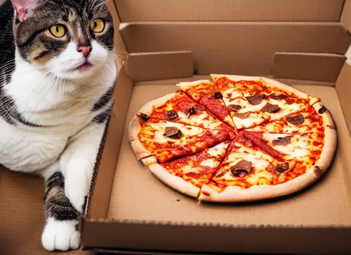 Image similar to photo of a very fat cat angrily eating a slice of cheesy pizza inside a cardboard box. nikon d 8 5 0 5 5 mm.