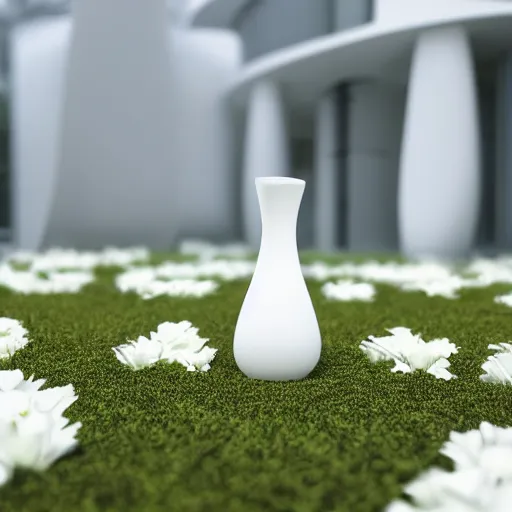 Prompt: perfume bottle in a white zen clean modern minimalist garden with cute flowers by peter tarka in an ivory room well contoured smooth fair walls, up close shot, sharp focus, zen, clean, modern minimalist, zaha hadid octane highly render, 4 k, ultra hd,