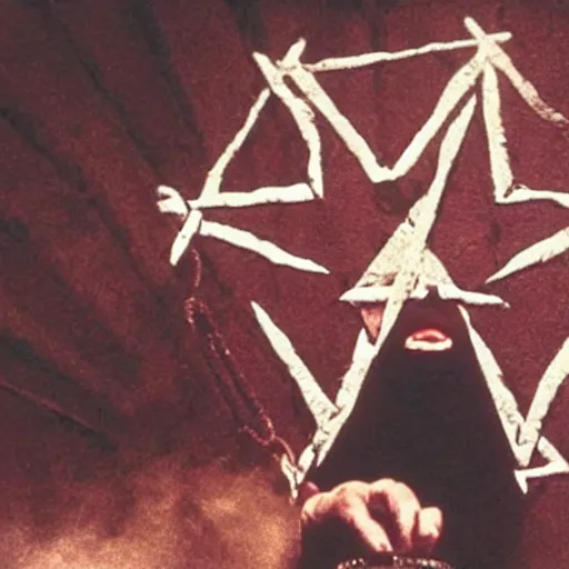 Image similar to a nu-metal musician using a pentagram to conjure a demon. Horror film production photo from the 2000’s.