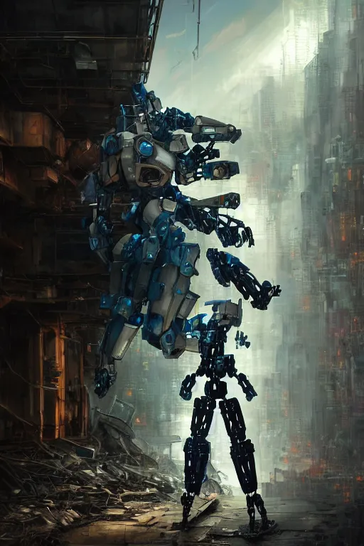 Image similar to a futurecore boxing humanoid mecha in ruin city, bright, by real steel ( 2 0 1 1 ), sharp focus, eve venture, raymond swanland, cryengine, post apocalyptic, mechanical structure, unreal engine 5, 8 k realistic, hyper detailed, bright, background by greg rutkowski,, digital painting, concept art, dof