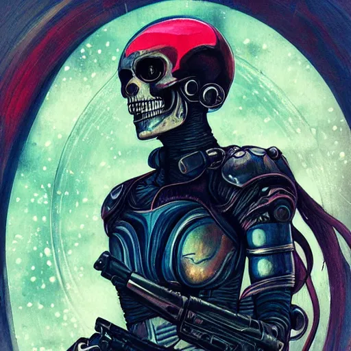 Prompt: realistic detailed beautiful portrait of a menacing warrior space pirate with shiny skull space helmet by Anna and Elena Balbusso, Blade Runner, Ghost in the Shell, Art Nouveau, rich deep vibrant colors, futuristic, sci-fi