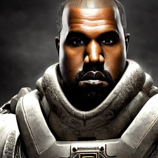 Prompt: Portrait of Kanye West as the emperor of humanity from warhammer 40k in Gears of War, splash art, movie still, detailed face, photorealistic facial features, cinematic lighting, dramatic, octane render, long lens, shallow depth of field, bokeh, anamorphic lens flare, 8k, hyper detailed, 35mm film grain