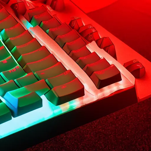 Image similar to mechanical keyboard made out of lava, raytracing, lens flare, 8k, bright colors